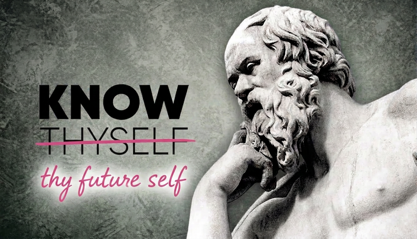 A marble statue of a thoughtful figure with a beard, alongside the text 'KNOW THYSELF' and 'thy future self' on a textured background.