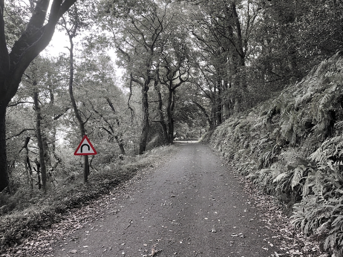 A quiet country road lined with trees and ferns, featuring a triangular warning sign indicating a bend in the road.