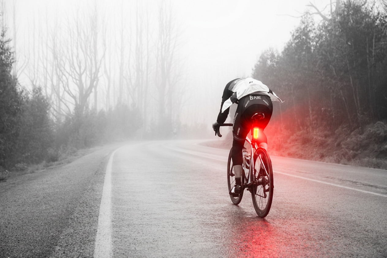 A cyclist riding on a foggy road with a red rear light visible on their bike.