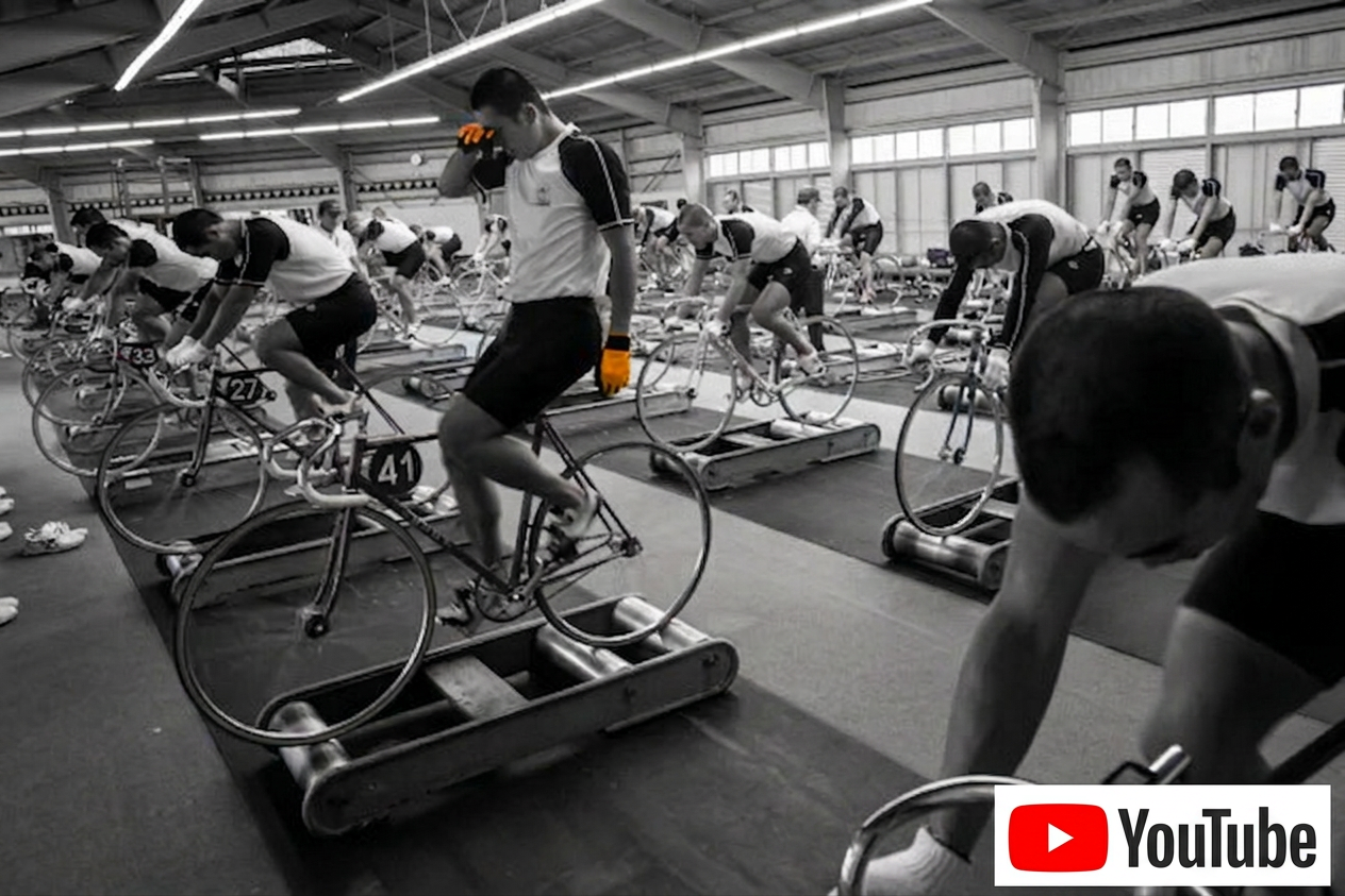 55b1033e371d2211008b8f7f A group of cyclists training indoors on stationary bicycles, wearing matching jerseys and shorts, with one cyclist drying his forehead with a towel.