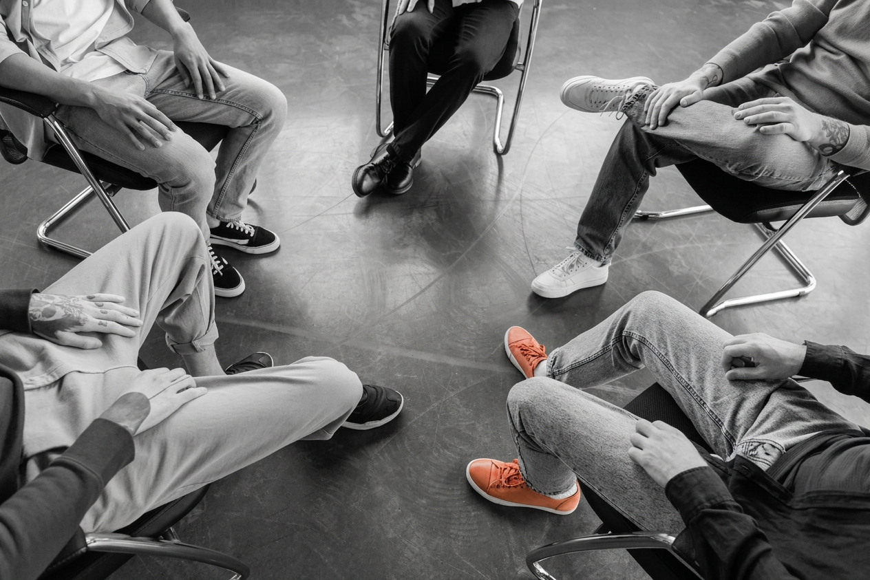 How_To_Find_The_Right_Alcoholics_Anonymous_Meeting A top-down view of a circle of men's legs and feet in a casual meeting setting, featuring one pair of bright orange shoes among muted tones.